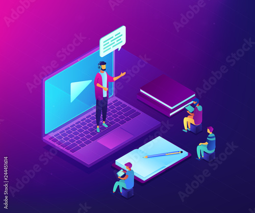 Business people watching online professional presentation on laptop. Online presentation, professional conference, web meeting room concept. Ultraviolet neon vector isometric 3D illustration.