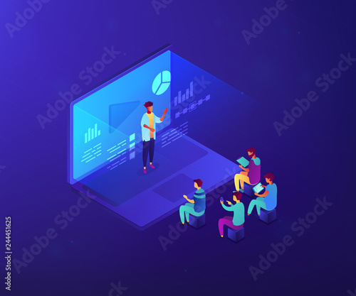 Students e-learning by webinar training and listening to businessman with charts on laptop. Webinar, online video training, tutorial podcast concept. Ultraviolet neon vector isometric 3D illustration.