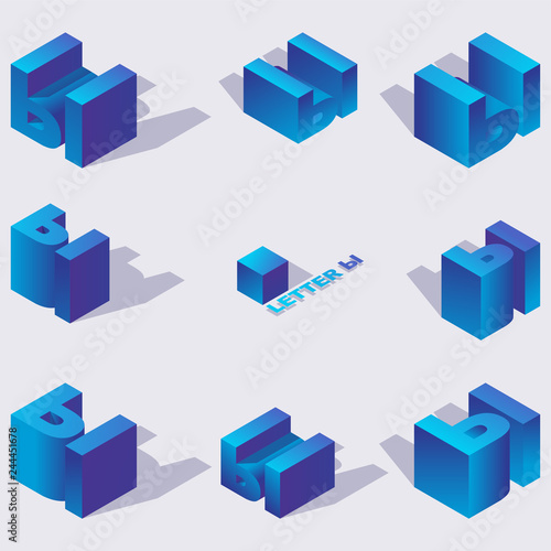 Vector collection with vivid blue isometric letters hard yery drawn with gradients and shadows. 3d bright set