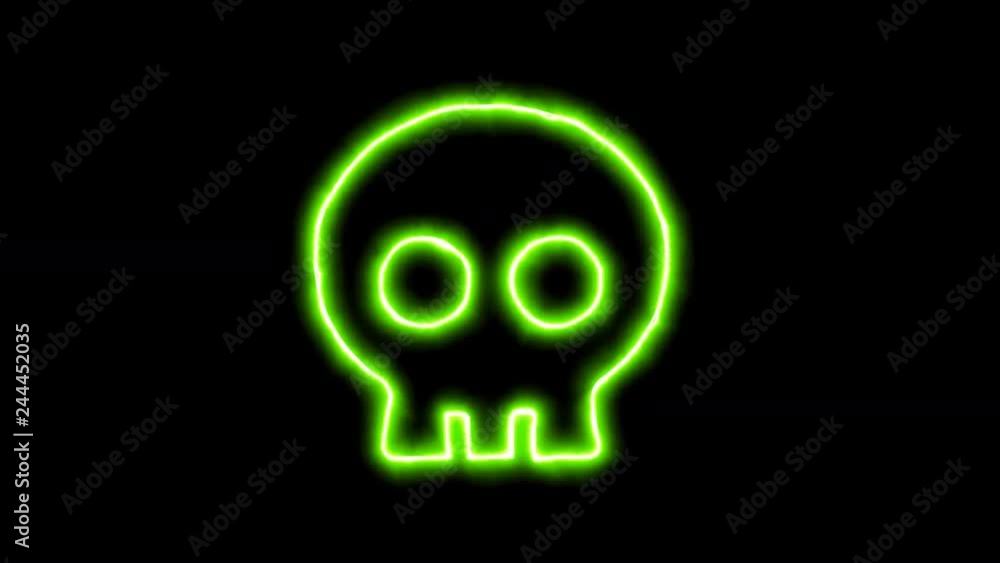 The appearance of the green neon symbol skull. Flicker, In - Out. Alpha channel Premultiplied - Matted with color black The appearance of the green neon symbol skull. Flicker, In - Out. Alpha channel Premultiplied - Matted with color black