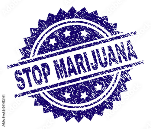 STOP MARIJUANA stamp seal watermark with distress style. Blue vector rubber print of STOP MARIJUANA caption with scratched texture.