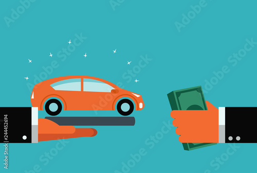 Car buy or rent. Hands with car and money 