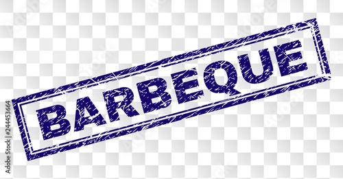 BARBEQUE stamp seal print with rubber print style and double framed rectangle shape. Stamp is placed on a transparent background. Blue vector rubber print of BARBEQUE text with corroded texture.