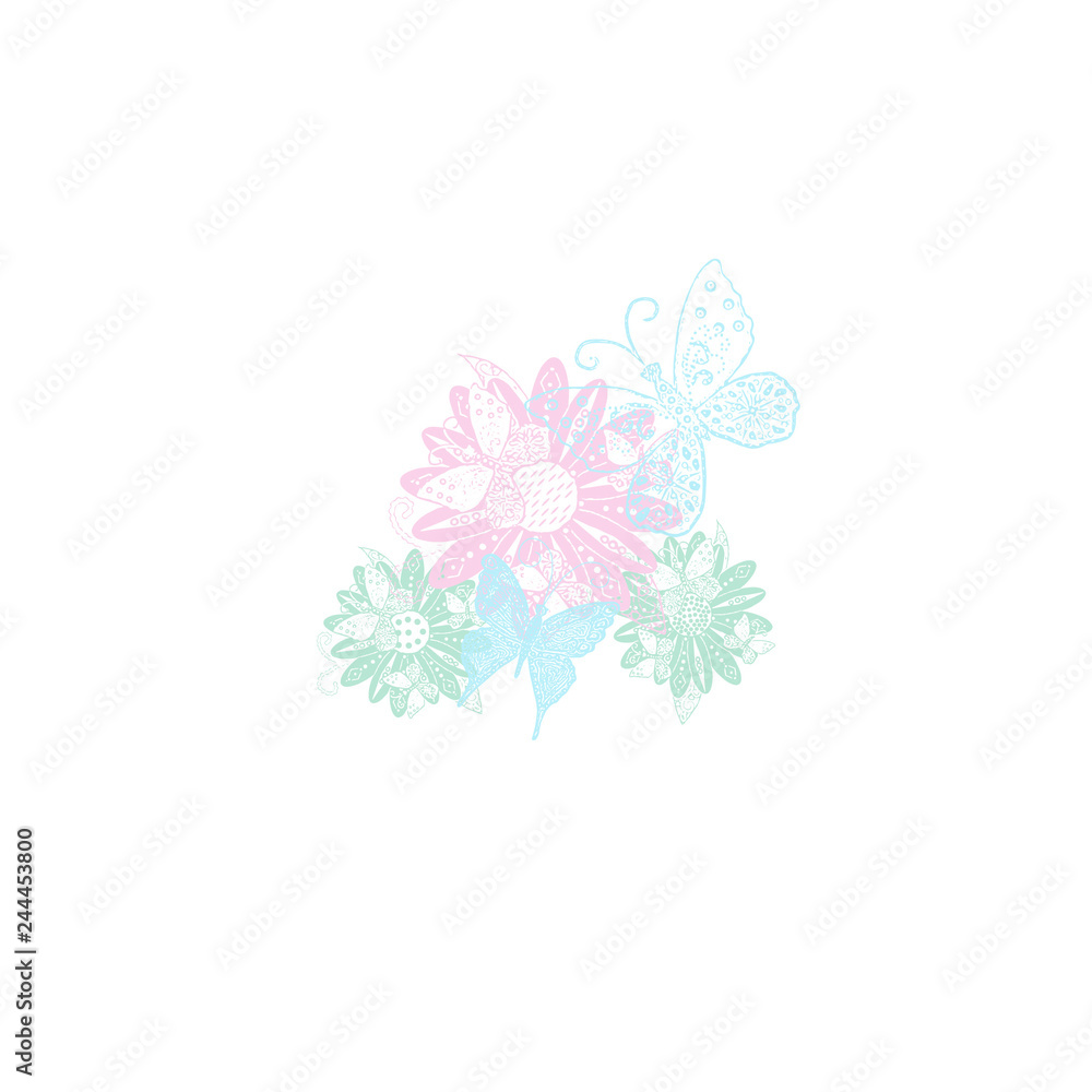 Green Pink Spring Daisy Bouquet and Blue Butterflies Green Pink Spring Daisy Bouquet and Blue Butterflies