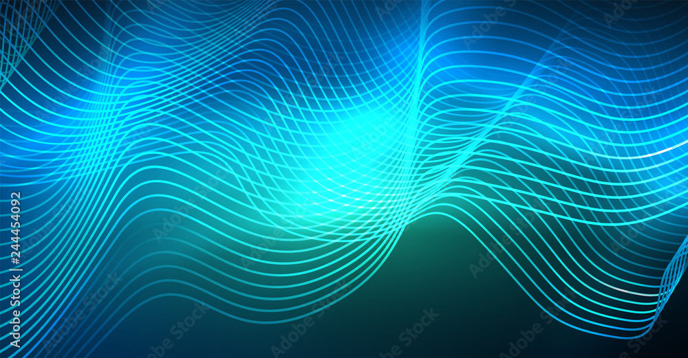 Glowing abstract wave on dark, shiny motion, Christmas and New Year magic space light. Techno abstract background Glowing abstract wave on dark, shiny motion, Christmas and New Year magic space light. Techno abstract background