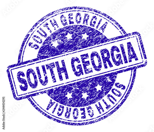 SOUTH GEORGIA stamp seal imprint with distress texture. Designed with rounded rectangles and circles. Blue vector rubber print of SOUTH GEORGIA caption with unclean texture.