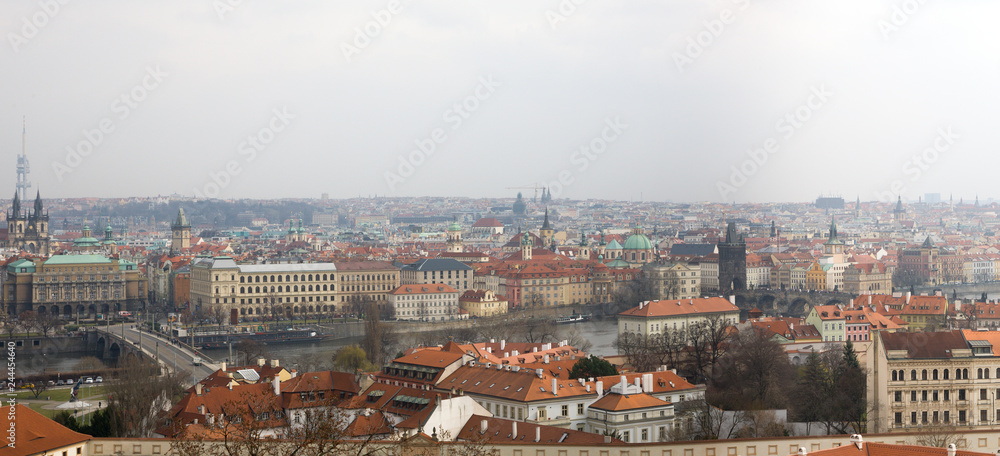 Prague, Czech Republic - March 14 2017: Panorama of Vltava and Charles Bridge from above