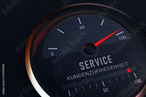 Konzept zur Gemeinsamkeit zwischen Service und Kundenzufriedenheit. Tacho Anzeige zeigt symbolisch das Maximum auf einer Skala an. 