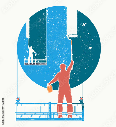 Window cleaners wash universe, surreal poster. Symbol of clarification, psychology, creative art, t-shirt design