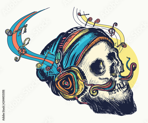Skull in earphones listens to music, pop culture tattoo and t-shirt design