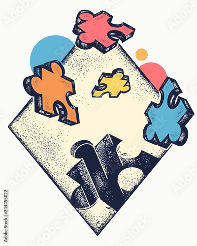 Missing jigsaw puzzle t-shirt design.  Symbol of education, business, solution of tasks, communications, psychology. Puzzle art poster