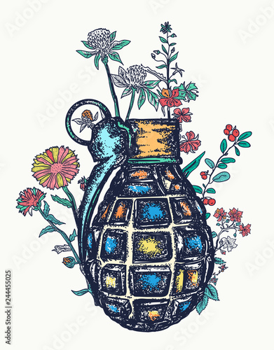 Grenade and flowers. Stop  terror t-shirt design. Symbol of weapon, war and peace art poster