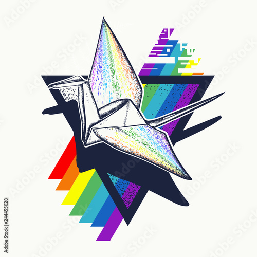 Origami crane art. Creativity symbol imagination, multicultures, friendship. Paper birds and rainbow t-shirt design