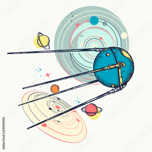 Sputnik space ship t-shirt design. Symbol of space expedition, science, future, research of solar system. Universe research