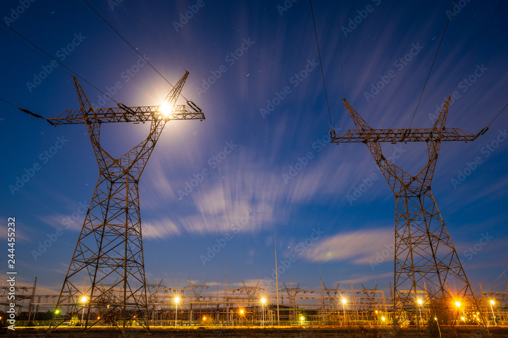 highvoltage power lines and high voltage electric transmission tower