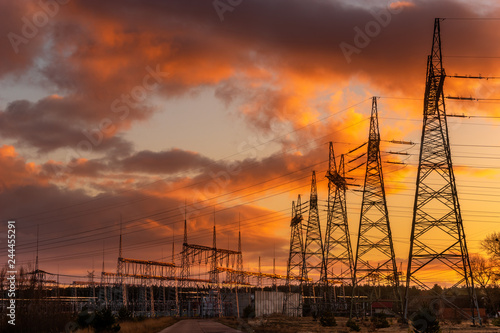 Quadro su tela high-voltage power lines at sunset