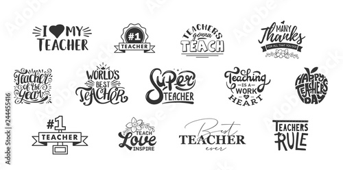 Happy teachers day lettering and typography quote. World best teacher badges for gift, design holiday cards and print.
