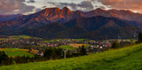Tatra Mountains and Zakopane town in the last rays of the setting sun.Panorama.Tatra mountain,Poland