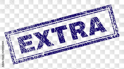 EXTRA stamp seal print with rubber print style and double framed rectangle shape. Stamp is placed on a transparent background. Blue vector rubber print of EXTRA title with dirty texture.