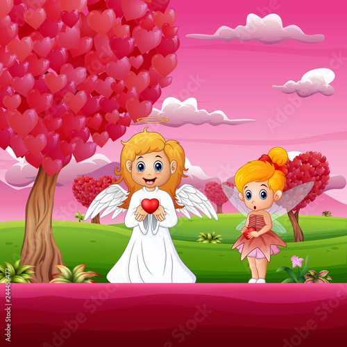 Cartoon cupid and a little fairy under the heart shaped tree