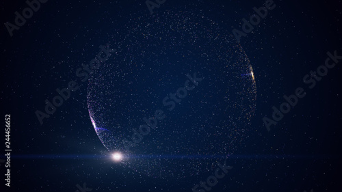 Digital blue abstract background with sparkling wave particles and areas with deep depths, circular formations with bright shining bright lights. photo