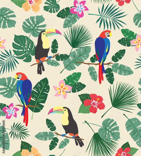 Busy seamless repeat pattern with tropical flowers, leaves and birds on a cream background. Colorful exotic island beach vibes