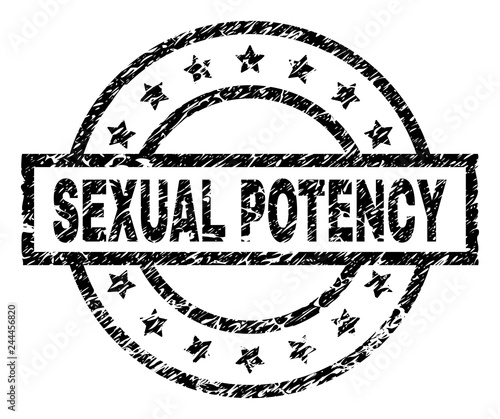 SEXUAL POTENCY stamp seal watermark with distress style. Designed with rectangle, circles and stars. Black vector rubber print of SEXUAL POTENCY caption with scratched texture.