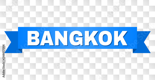 BANGKOK text on a ribbon. Designed with white title and blue tape. Vector banner with BANGKOK tag on a transparent background.