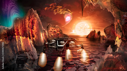 Fototapeta Naklejka Na Ścianę i Meble -  Spaceship landing on alien planet, with strange, rocky mountains with caves landscape with lake. Elements of this image furnished by NASA