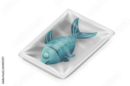 Fish food pack isolated meat isometric disposable 3d realistic shop package box design vector illustration