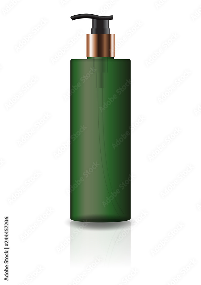 Blank green cosmetic cylinder bottle with pump head for beauty or healthy product. Isolated on white background with reflection shadow. Ready to use for package design. Vector illustration. Blank green cosmetic cylinder bottle with pump head for beauty or healthy product. Isolated on white background with reflection shadow. Ready to use for package design. Vector illustration.