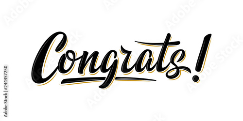 "Congrats!" bulk lettering greeting sign. Handwritten modern brush lettering on white background. Text for postcard, T-shirt print design, banner, poster, web, notebook, sketchbook. Isolated vector