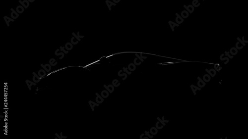 silhouette of black supercar with headlights on black background, 3d render, generic design, non-branded © valtrifon