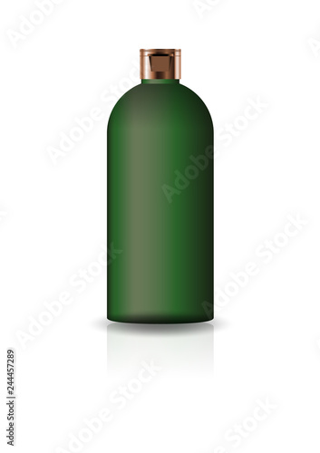 Blank green cosmetic round bottle with cap lid for beauty or healthy product. Isolated on white background with reflection shadow. Ready to use for package design. Vector illustration.