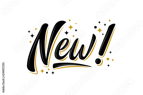 "New!" bulk lettering greeting sign. Handwritten modern brush lettering with golden stars. Text for banner, T-shirt print design, poster, web,  social media, notebook, sketchbook. Isolated vector