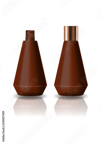 Blank brown cone shape cosmetic bottle with screw lid for beauty or healthy product. Isolated on white background with reflection shadow. Ready to use for package design. Vector illustration.