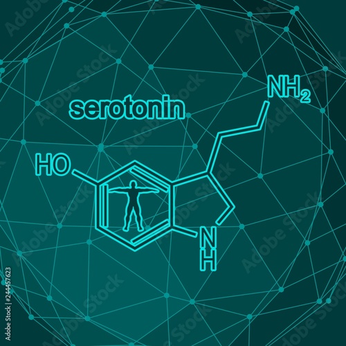 Chemical molecular formula hormone serotonin. Infographics illustration. Man silhouette
