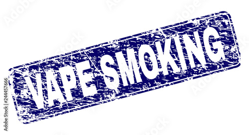VAPE SMOKING stamp seal print with distress style. Seal shape is a rounded rectangle with frame. Blue vector rubber print of VAPE SMOKING text with unclean style.