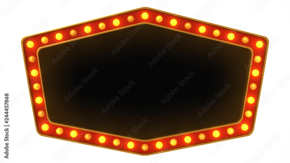 Red marquee gold light board sign retro on white background. 3d rendering