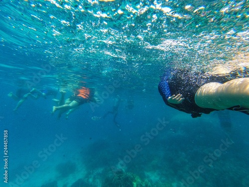 A group of tourists snorkeling on blue sea water in the tropical beach