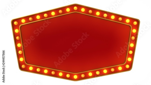 Red marquee gold light board sign retro on white background. 3d rendering