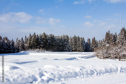 青空と雪景色　冬　秋田県 © amosfal