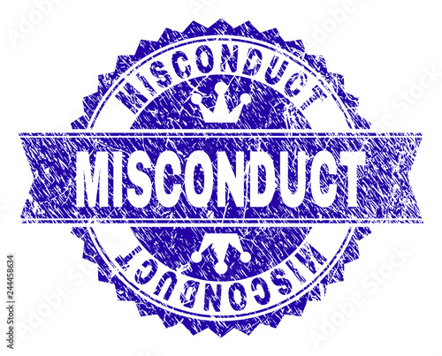 MISCONDUCT rosette seal imprint with grunge texture. Designed with round rosette, ribbon and small crowns. Blue vector rubber watermark of MISCONDUCT label with grunge texture.