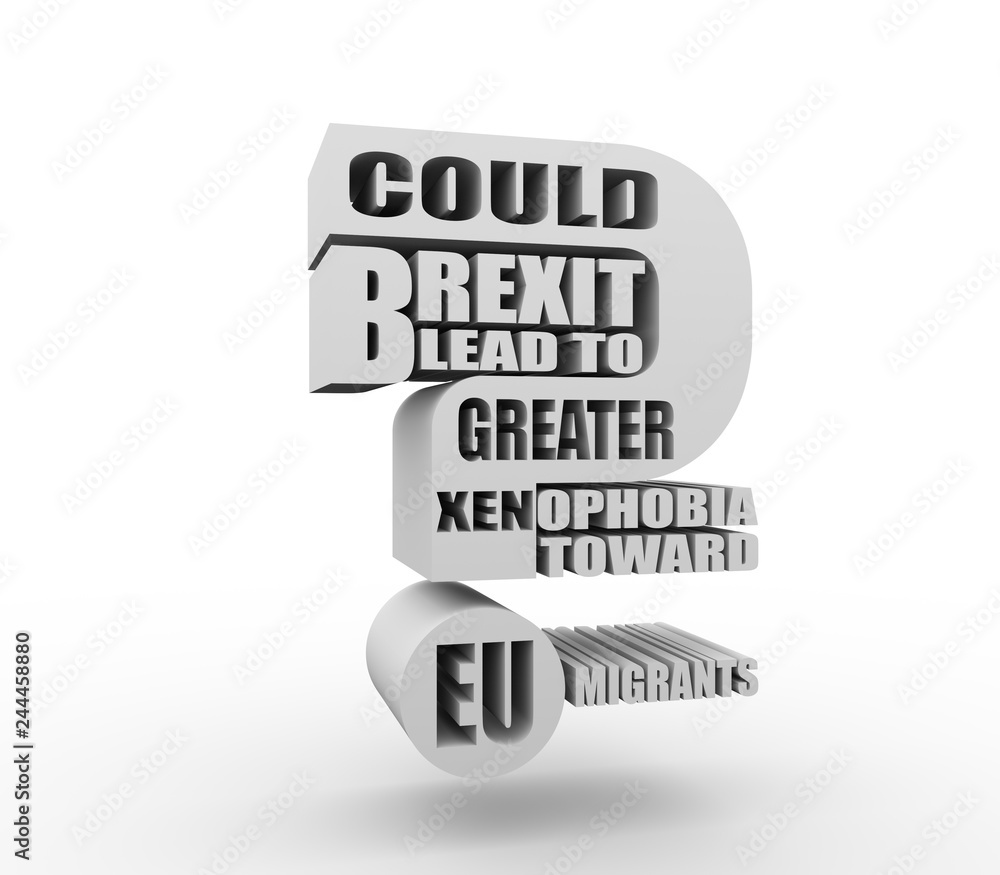 United Kingdom exit from European Union relative image. Brexit named politic process. Could brexit lead to to greater xenophobia toward EU migrants question. 3D rendering United Kingdom exit from European Union relative image. Brexit named politic process. Could brexit lead to to greater xenophobia toward EU migrants question. 3D rendering