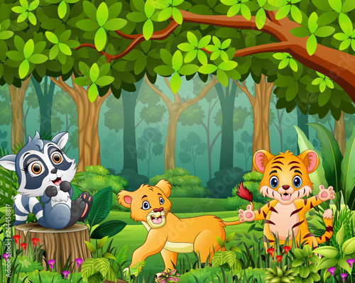 Cartoon of the forest landscape with different animals