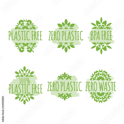 Plastic free, BPA free, Zero waste organic products stickers set, Eco friendly template concept.