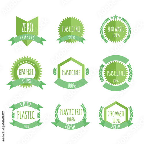 Plastic free, BPA free, Zero waste organic products stickers set, Eco friendly template concept.