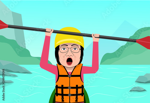 Senior woman having fun in water rafting, vector