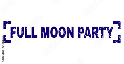 FULL MOON PARTY text seal print with grunge style. Text label is placed inside corners. Blue vector rubber print of FULL MOON PARTY with grunge texture.