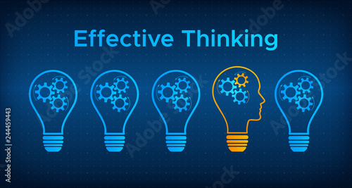 Head profile lightbulb creative idea concept vector illustration. Contour face profile silhouette, bright lightbulb and gear inside. Orange line lamp with head technology background business concept.
